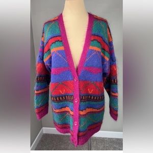 Vintage Limited Mohair Bld Abstract Multi-Color Aztec Cardigan Sweater S